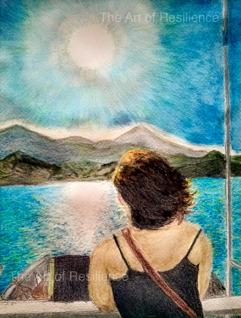 Watercolour pencil painting of a woman looking out at a bright blue sea from a boat
