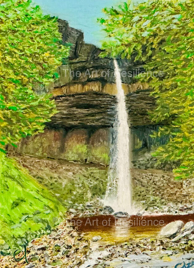 An oil pastel painting of water cascading over a cliff into a pool