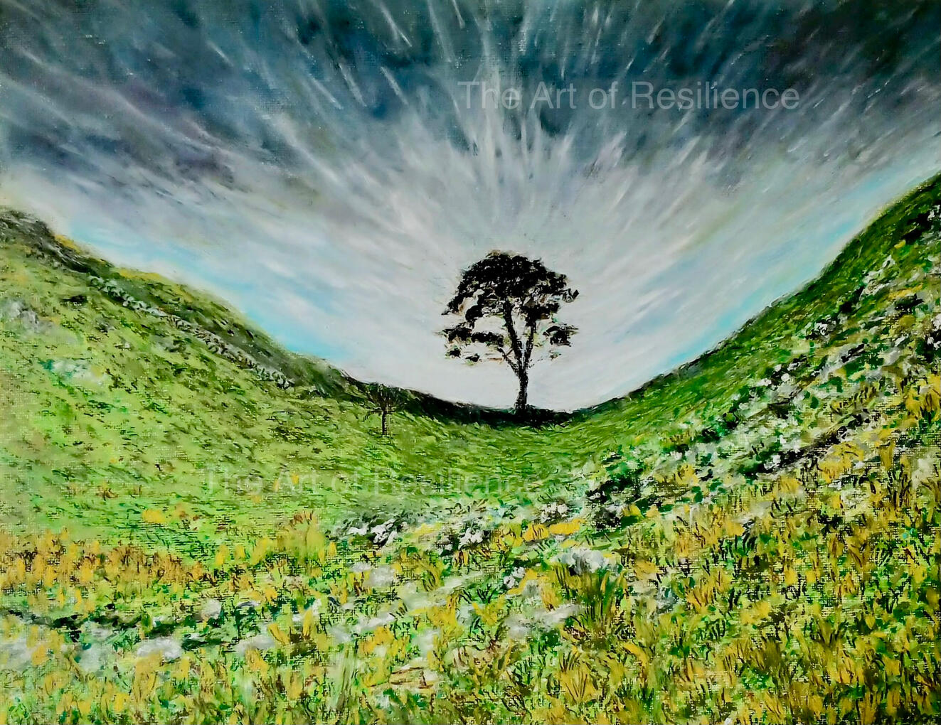 An oil pastel painting of a tree on a hillside under moving clouds.