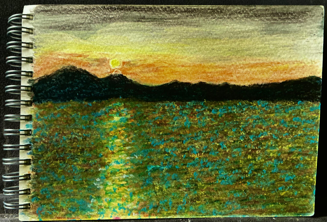Leasowe Lighthouse part 2. I wasn’t sure how to mount the wood, so I placed it on canvas and painted the surround using Oil pastels.
