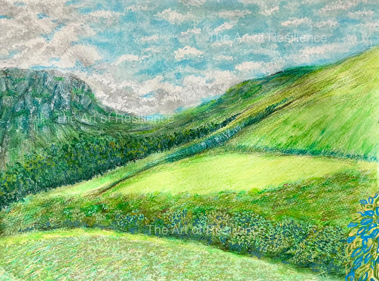 A watercolour painting of rolling hills under a blue sky with lots of clouds.