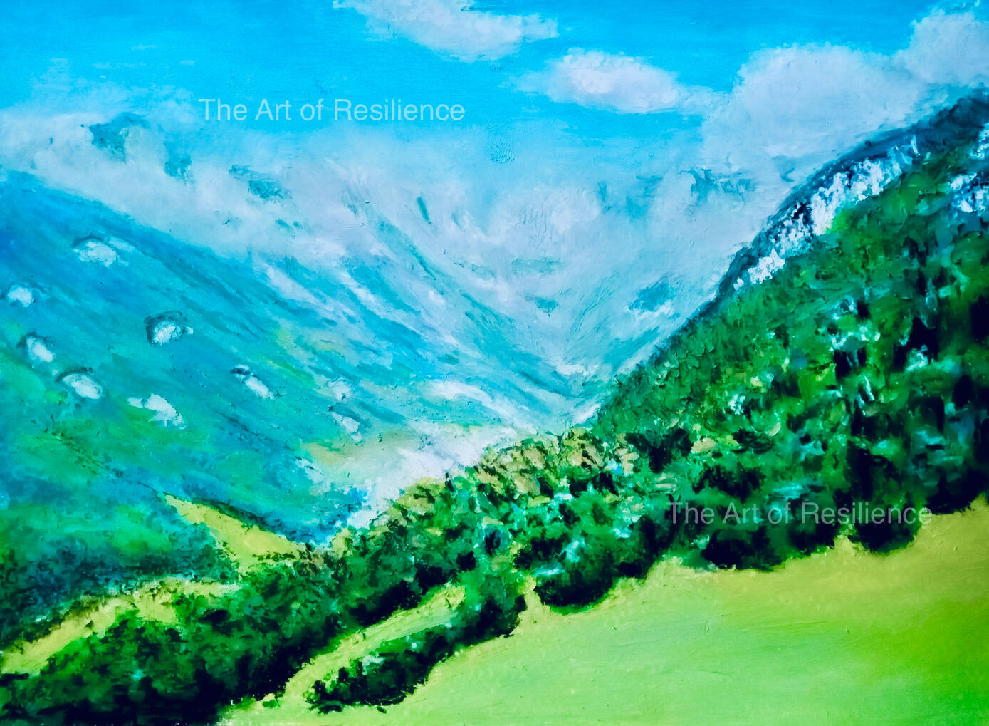 An oil pastel painting of mountains in mist.
