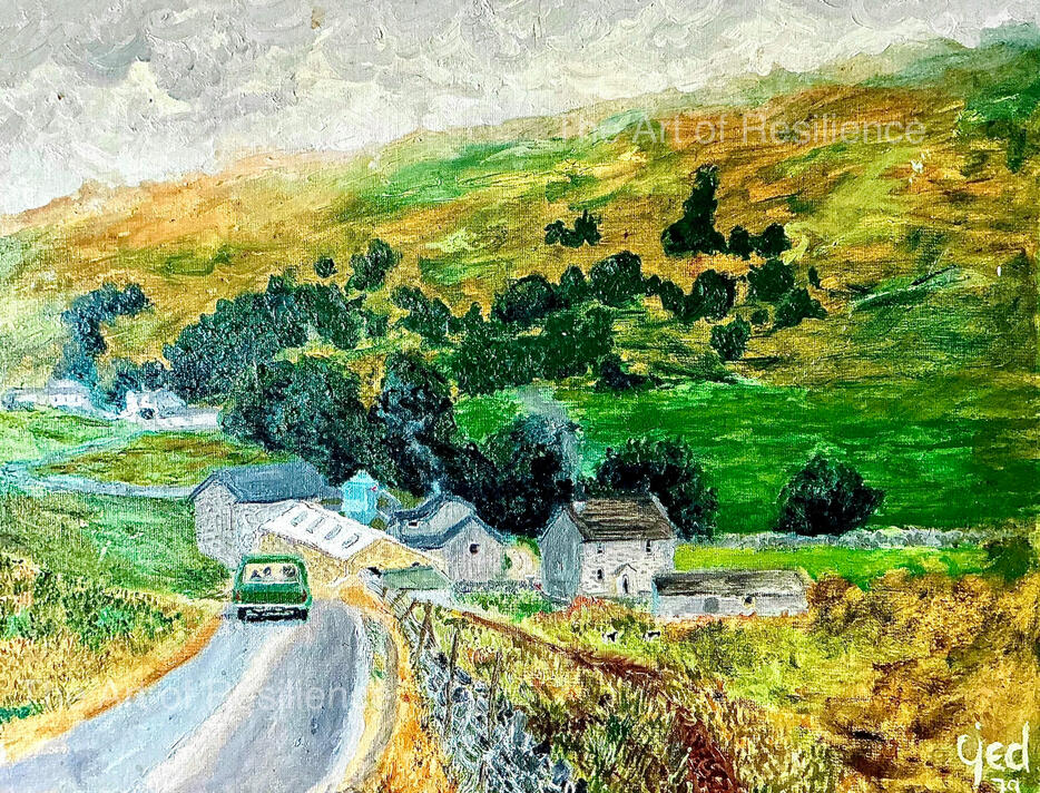 An oil painting of a hamlet nestling in hills with trees cottages and farm buildings