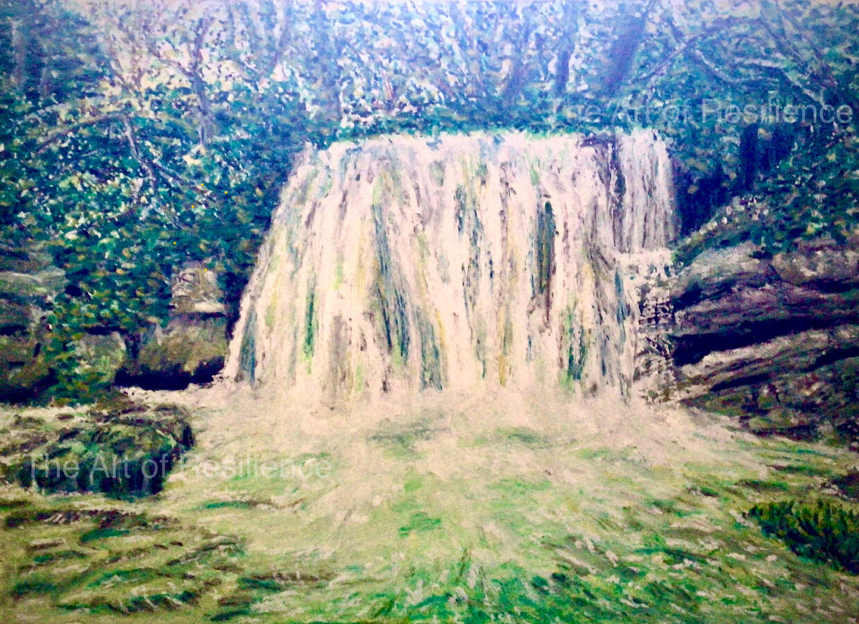 An oil pastel painting of water cascading into a pool surrounded by rocks and trees.