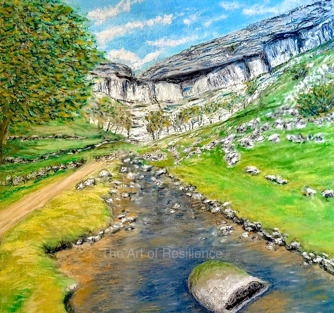 An oil pastel painting of a cliff face overlooking a river and hills