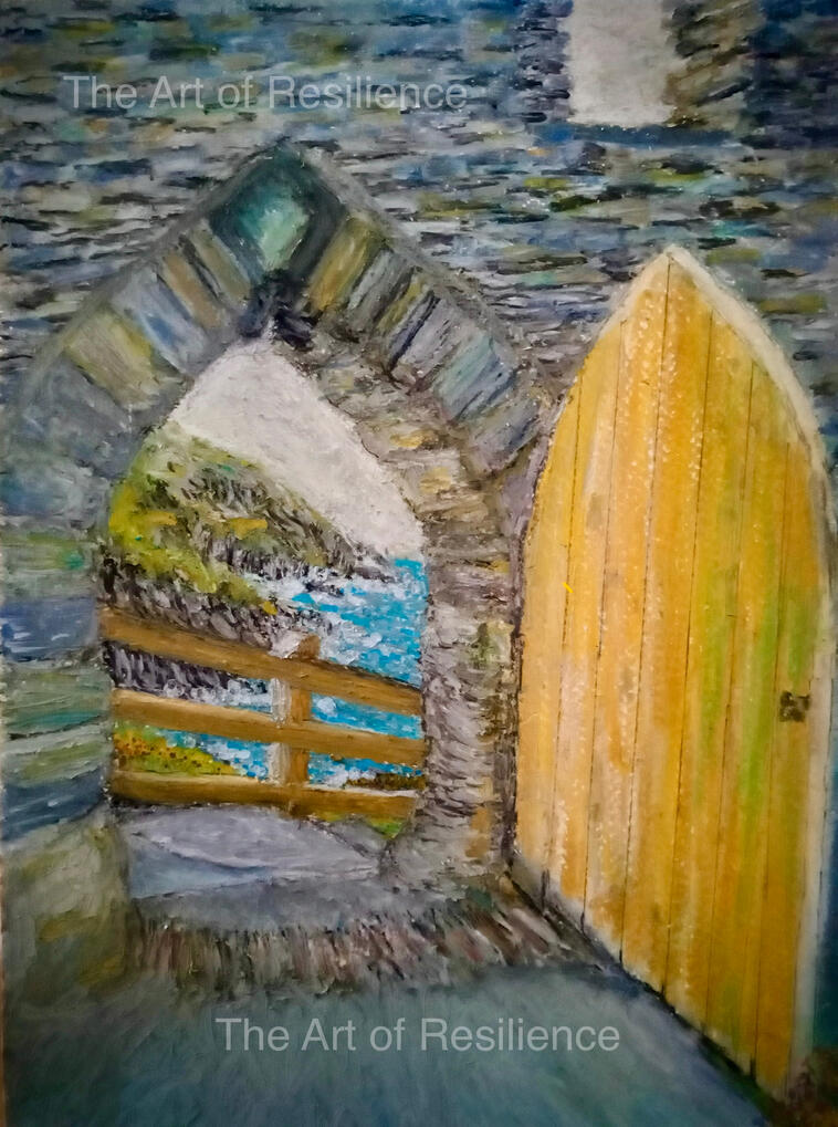 Oil Pastel painting of a stone archway with a bright yellow wooden door opening onto a coastal landscape.