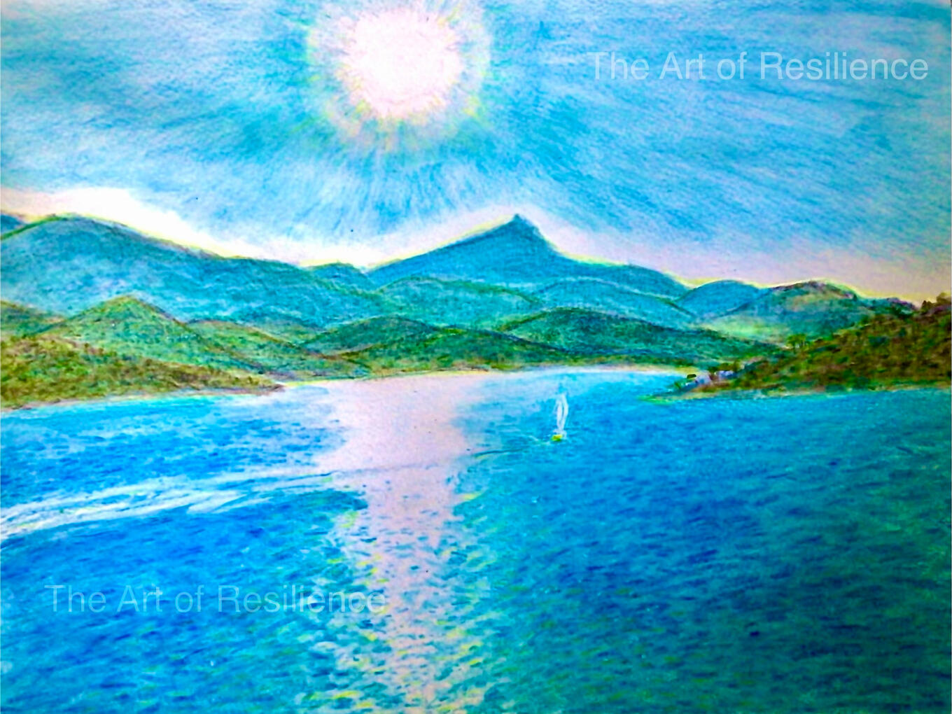 Watercolour pencil painting of a bright sun overlooking mountains and a blue sea with a sailing boat