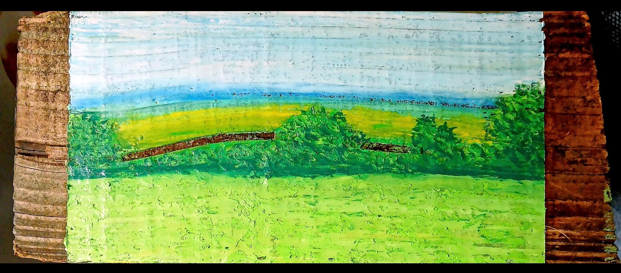 A countryside scene My first Oil pastel painting on Irish Sea Driftwood., 2025. My original plan had been to create sculptures from driftwood.