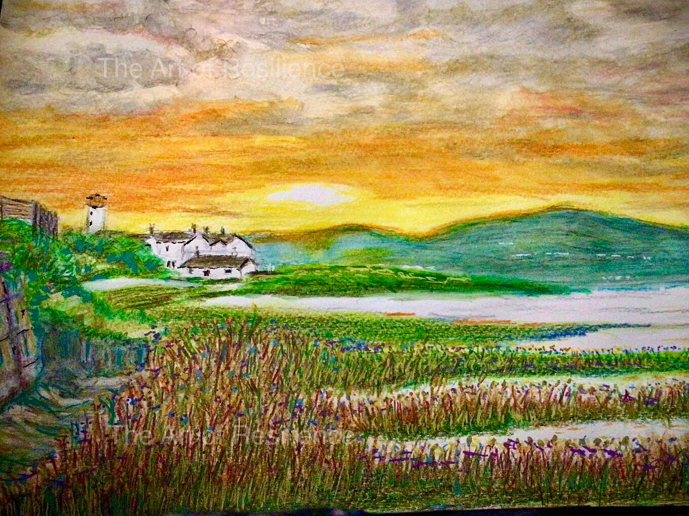 Watercolour pencil painting of a golden sunset over a coastline