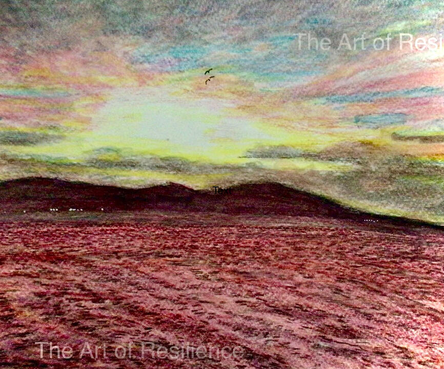 Watercolour pencil painting of a red sunset over an estuary featuring a boating lake