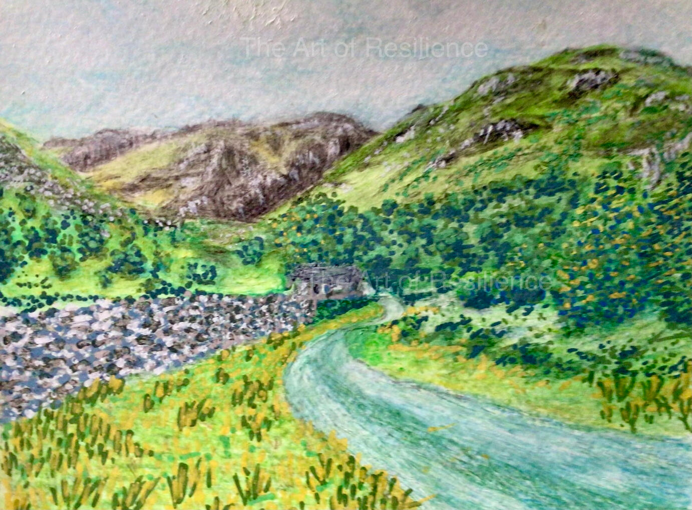 A watercolour sketch of a lane meandering through hilly countryside.