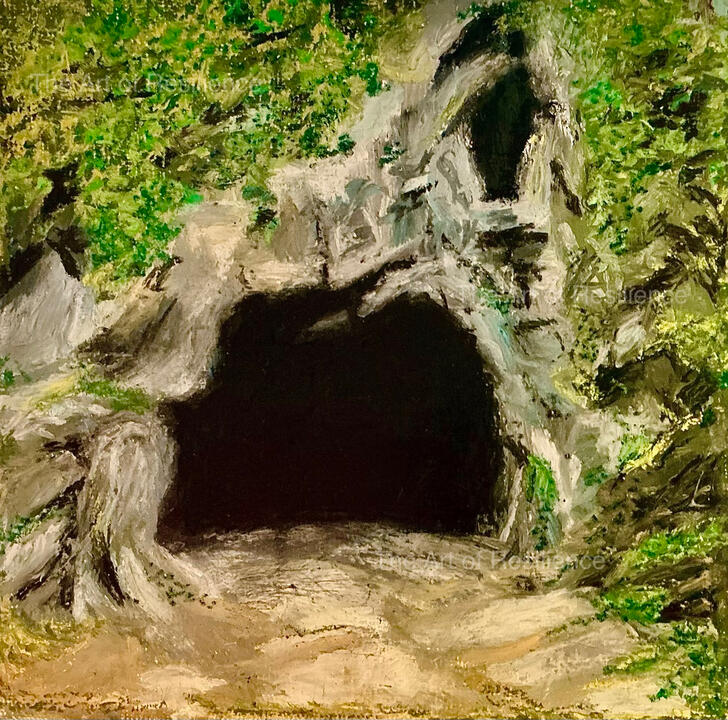 An oil pastel painting of a cave surrounded by trees