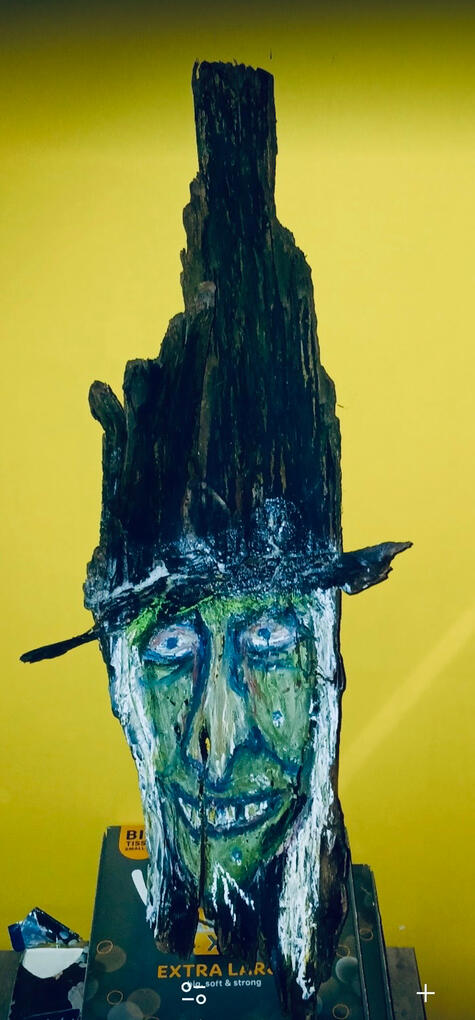 Halloween witch 2025 Oil Pastels on Irish Sea driftwood.