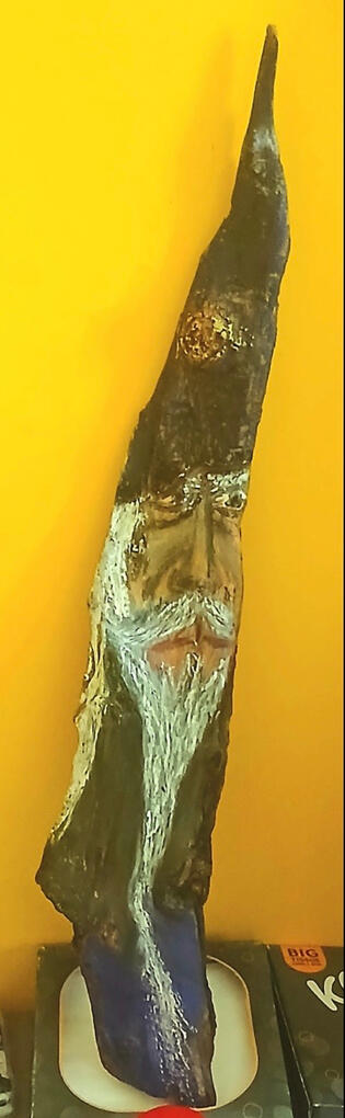 Halloween Warlock 2025 Oil pastels on Irish Sea Driftwood.