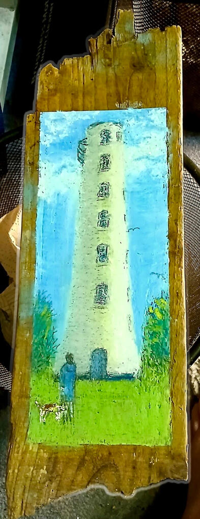 *Leasowe Lighthouse’ (2025) Wirral, the oldest brick Lighthouse in Britain. Painted on Irish driftwood with Oil pastels