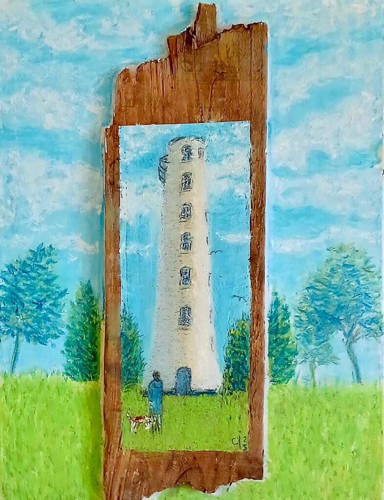 Leasowe Lighthouse part 2. I wasn’t sure how to mount the wood, so I placed it on canvas and painted the surround using Oil pastels.
