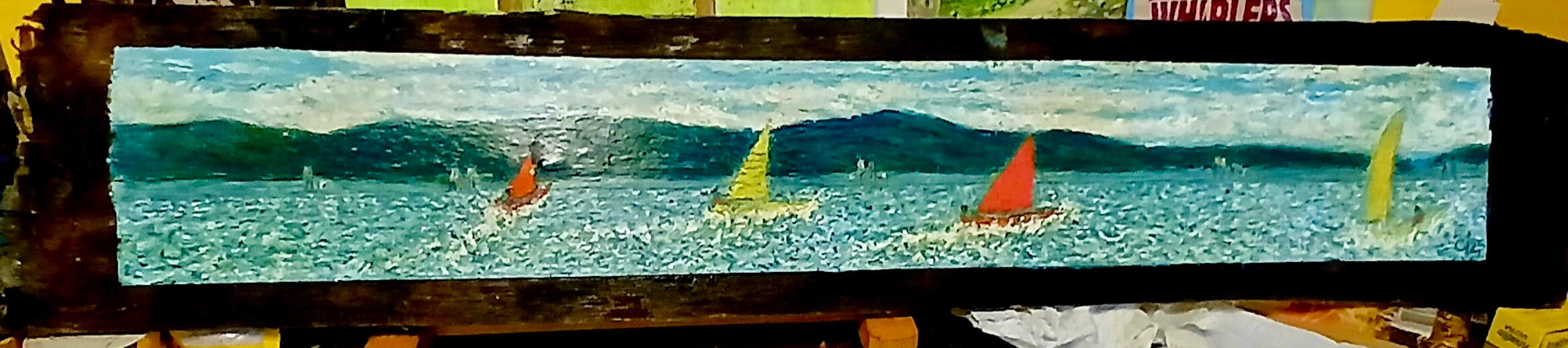 Sailing boats on Marine Lake, West Kirby. 2025. Oil pastels on a two and a half foot piece of Irish Sea driftwood