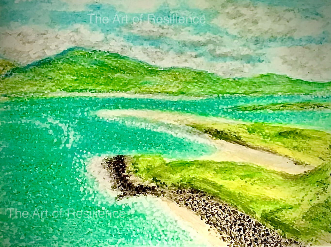 Watercolour pencil painting of a blue water coastline golden beaches and green hillsides